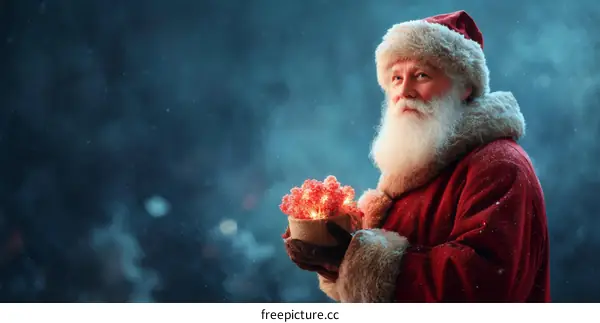 Santa Claus holding a bowl of glowing red lights in a snowy night
