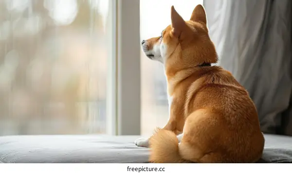 A lonely Shiba Inu dog sits on a couch and looks out the window