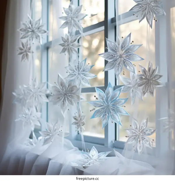 3D paper snowflakes hanging in front of a window