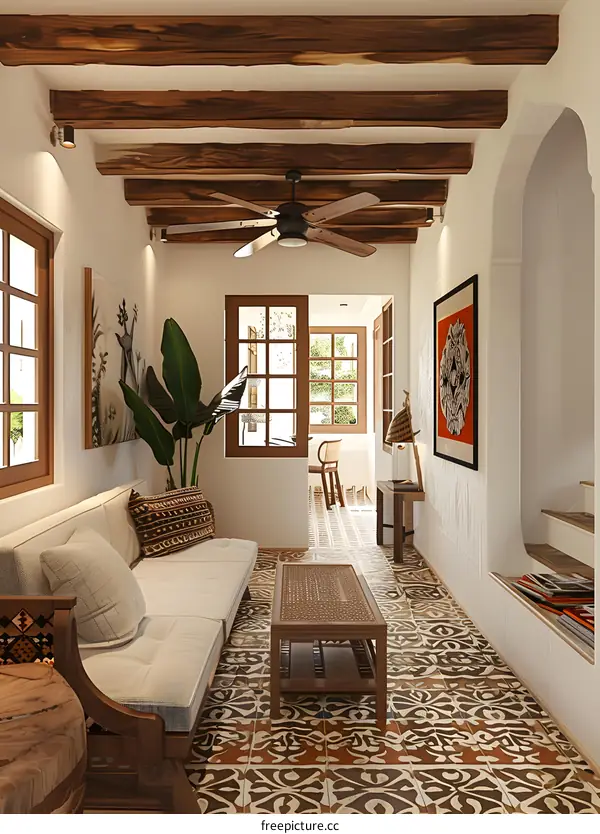 Interior Design of a Living Room with Wooden Beams and a Tropical Vibe