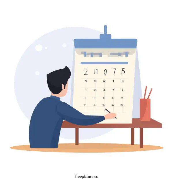 Man in blue shirt sitting at desk and writing on a desk calendar