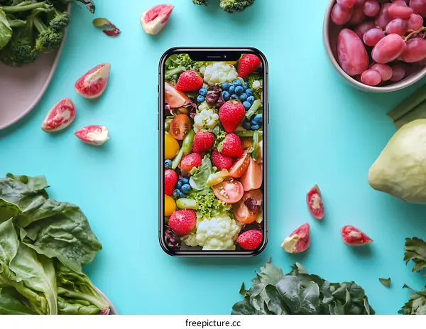 Smartphone with Healthy Food on Screen Surrounded by Fresh Vegetables and Fruits