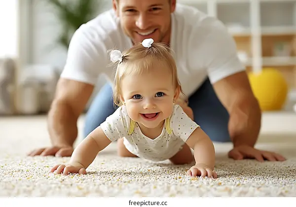Father and Baby Crawling on Carpet