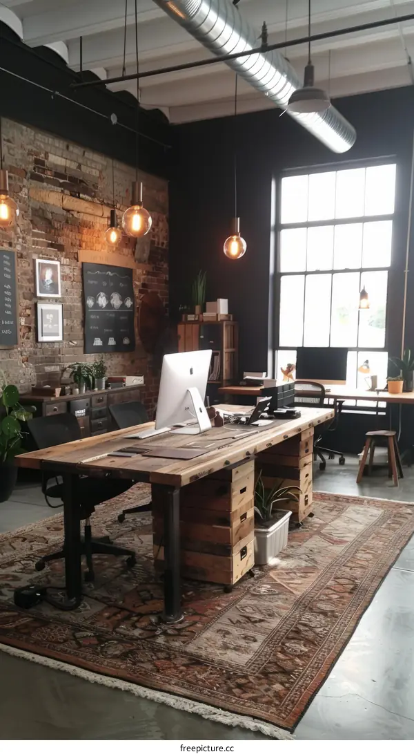 workspace with two wooden tables and a carpet