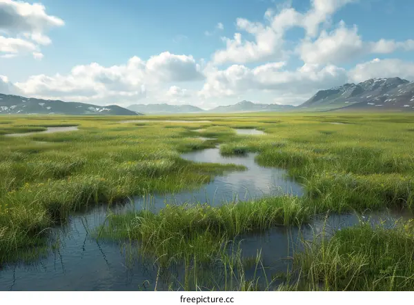 Landscape of Green Grassy Field With Snow-capped Mountains In The Distance
