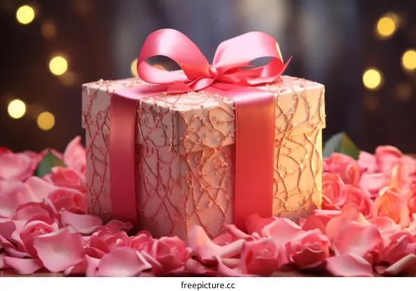 Pink gift box with pink ribbon and pink roses
