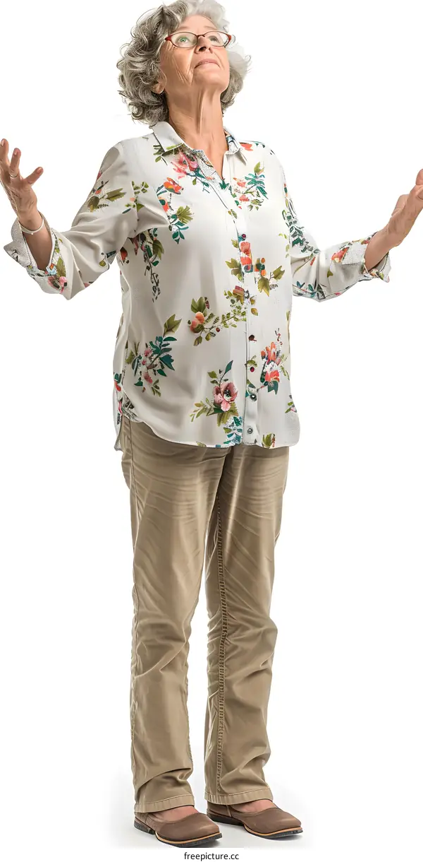 An old woman looking up with her arms outstretched