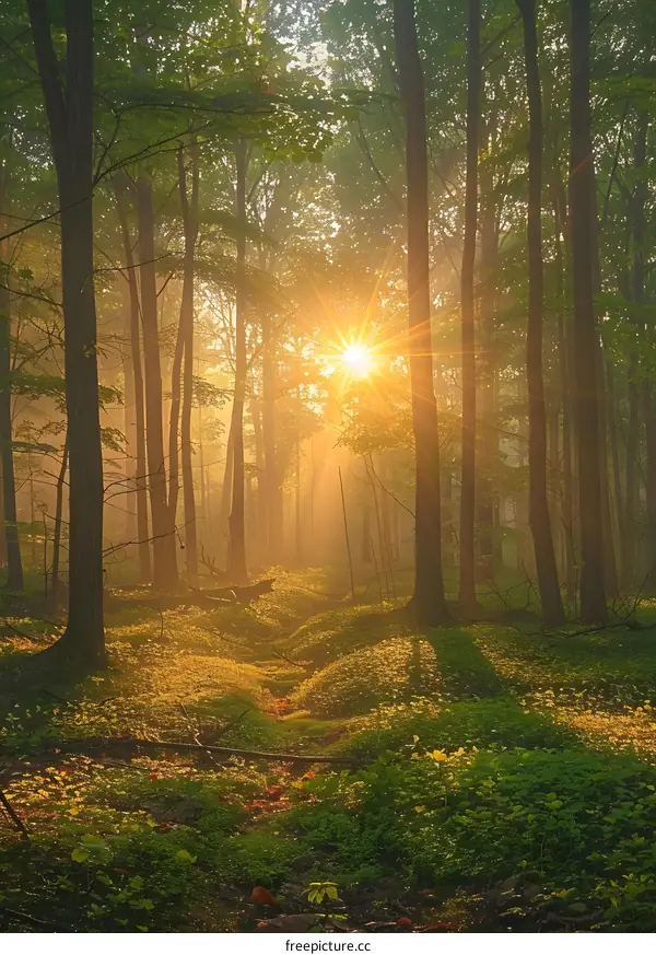 The sun shines through the trees in the forest
