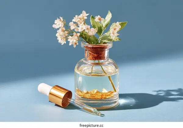 Elegant Essential Oil Bottle with Flowers and Dropper