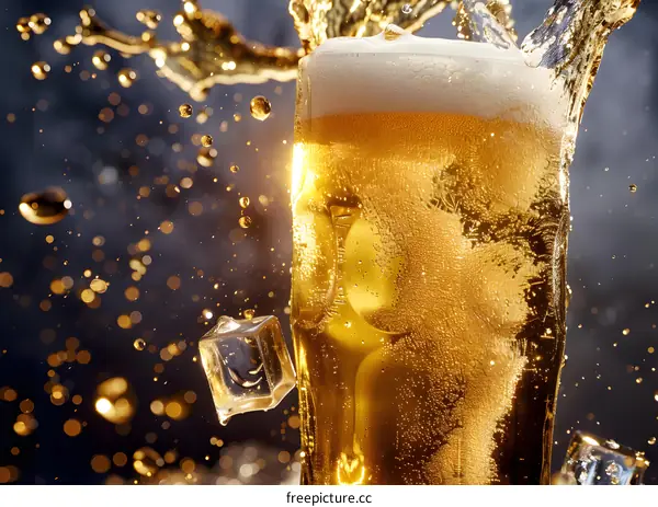 Close Up Glass of Beer with Ice Cubes and Splashing Beer