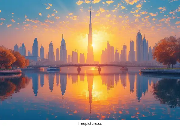 A view of Dubai's skyline with the Burj Khalifa in the center
