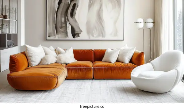 Modern Living Room Design with Orange Sofa and White Armchair