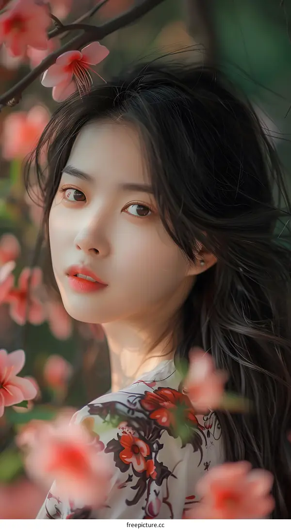 Beautiful Asian Woman with Flowers in Hair