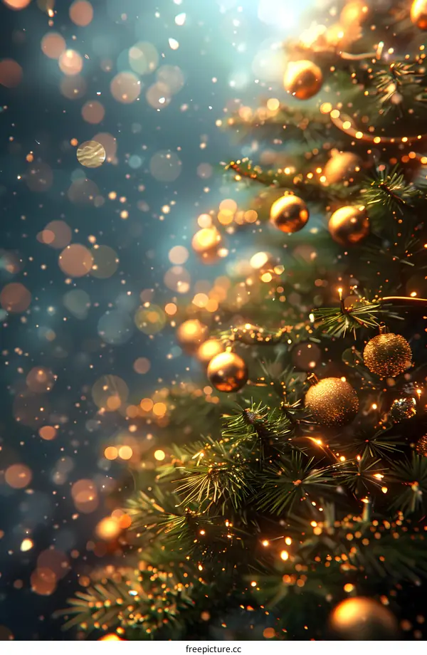 Christmas tree with golden decorations shining under the lights
