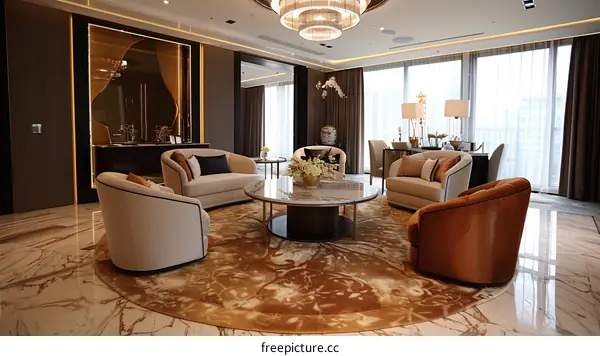 Elegant living room with marble floor and round rug