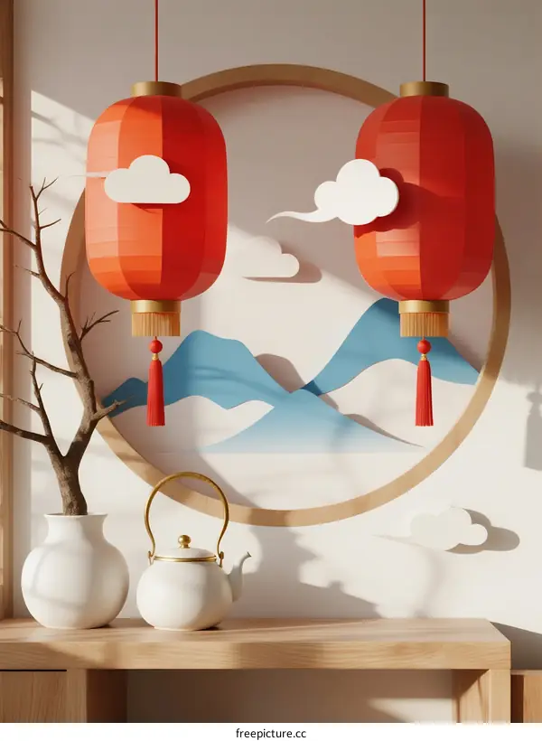 Two Red Chinese Lanterns Decorated in Circular Frame with Clouds and Mountains