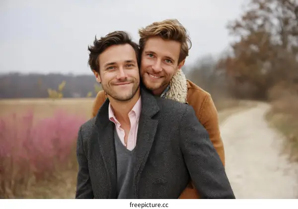 Two Caucasian Men Embracing in Autumnal Field