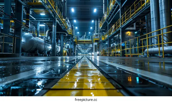 The interior of a modern industrial building with metal structures and yellow markings on the floor