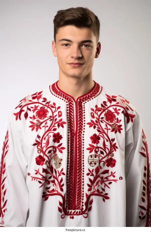 A young man wearing a white shirt with red embroidery.