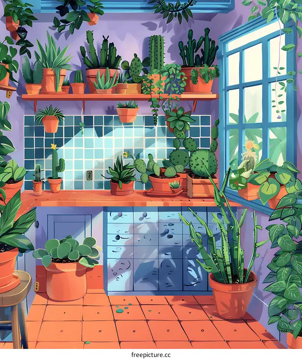Indoor Garden with Many Plants and Cacti