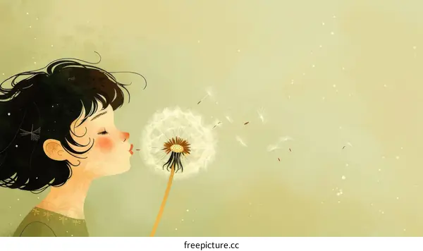 Little girl blowing dandelion seeds in the wind