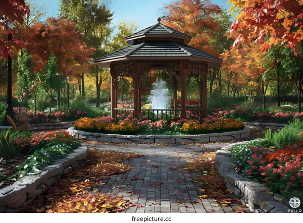 Wooden pavilion in a park with colorful autumn leaves and flowers