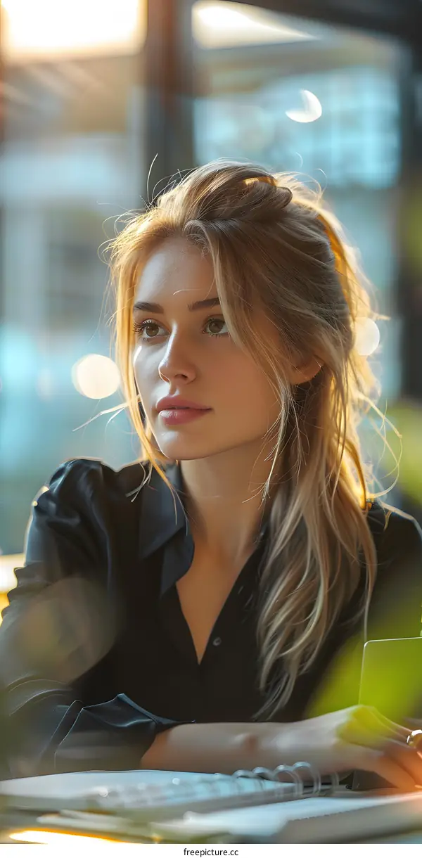 portrait of a beautiful blonde woman in a black shirt