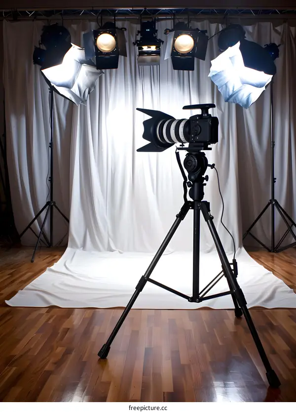Professional Camera Setup with Lighting Equipment in a Studio