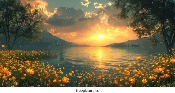 Tranquil Lake and Blooming Yellow Flowers During Sunset