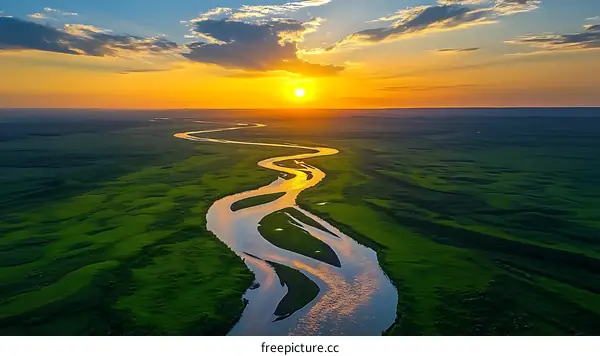 Sunset over a Winding River in a Green Valley
