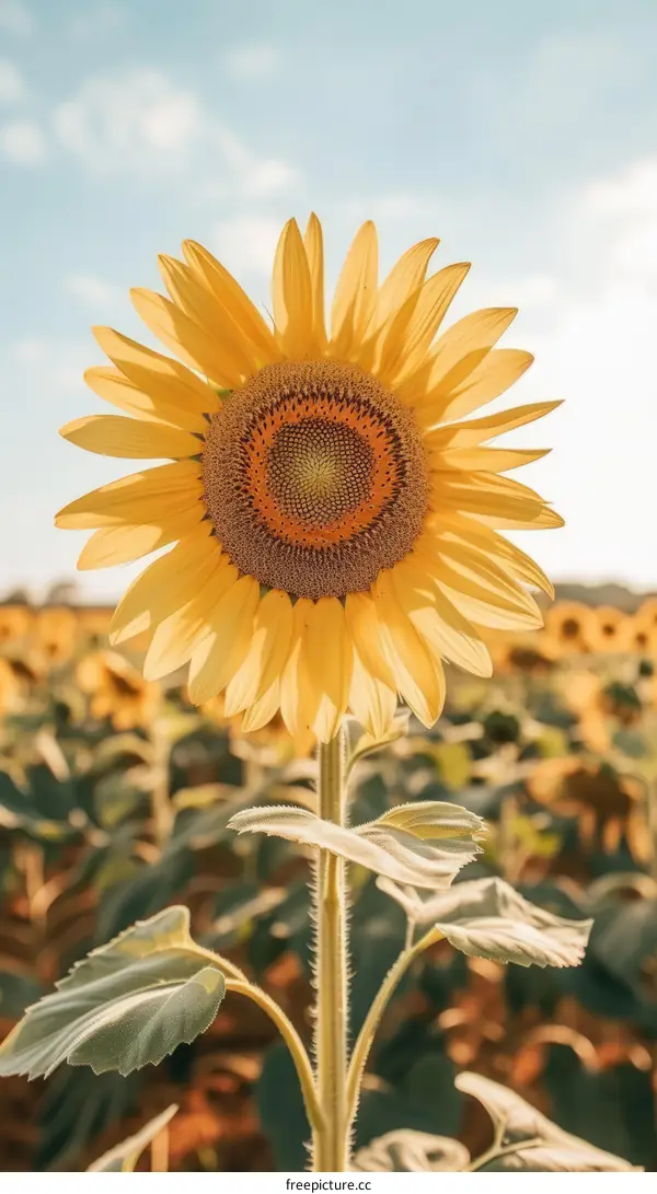 Single sunflower in a field of sunflowers