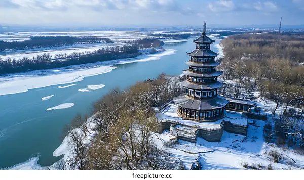 Winter Snowy Landscape with Pagoda Tower by the River