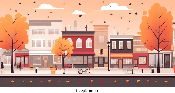 Autumn Street Scene with People Walking and a Bicycle
