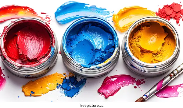 Three open paint cans with blue, red, and yellow paint
