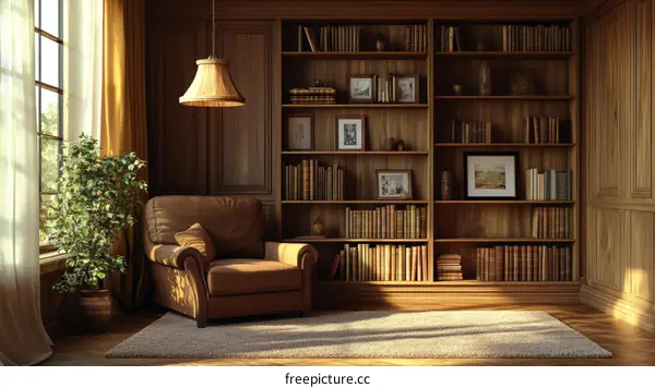 Cozy Reading Nook with Wooden Bookshelves