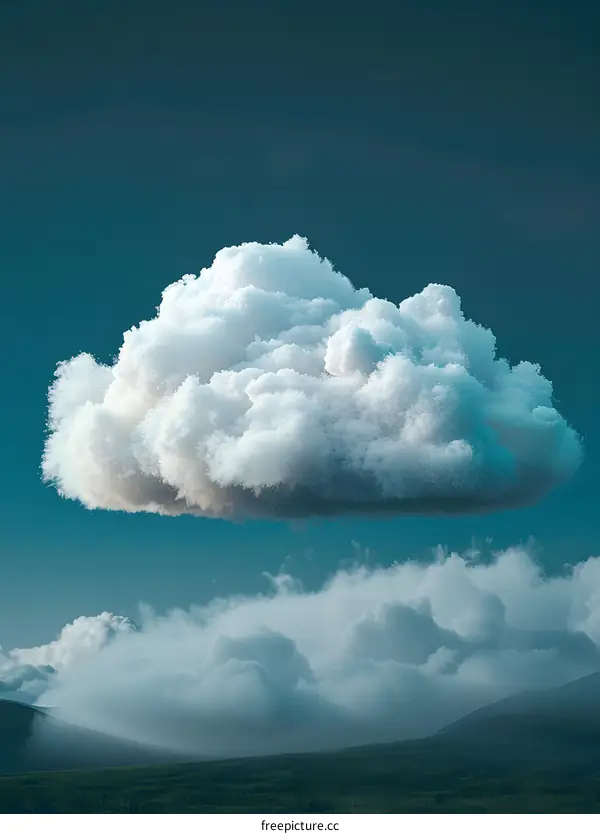 A large white cloud floating in the sky above a green field.