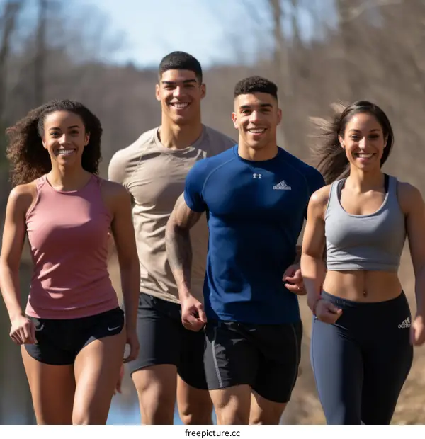 Four young people jogging together in a park