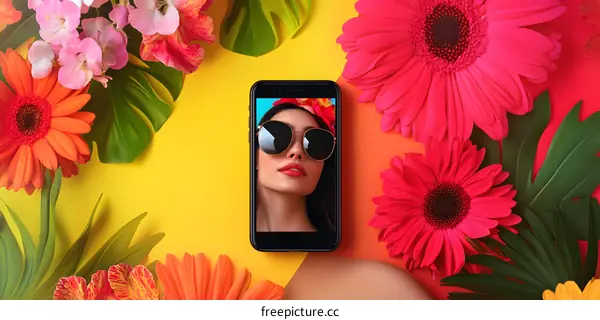 Summer Flower Background with Woman in Sunglasses