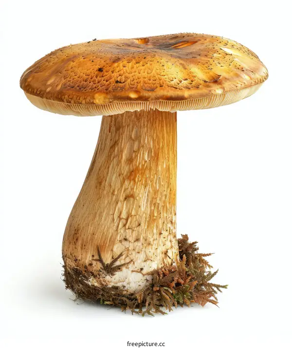Large brown mushroom with a thick stalk and a large cap