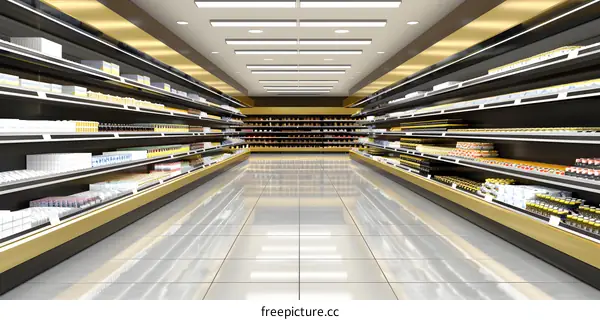Empty Grocery Store Aisle with Shelves Full of Products