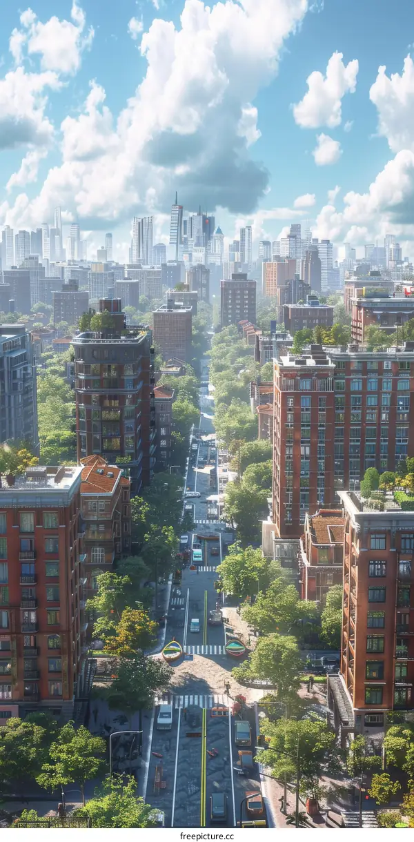 Aerial View of a City Street With Green Trees and Buildings
