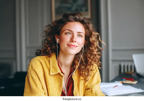 A young woman with curly hair wearing white headphones
