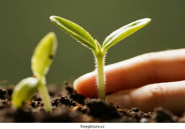 Hand nurturing young green seedling growing in soil