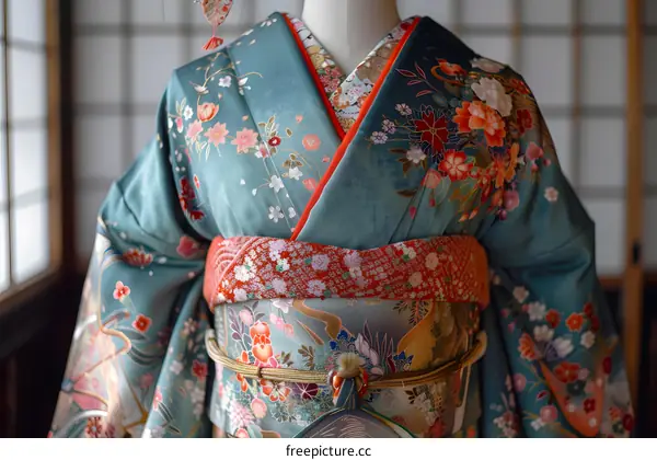 A close-up of a kimono with a floral pattern.
