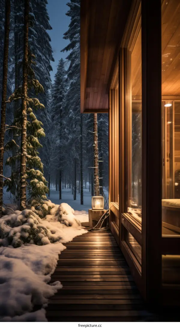 Wooden house in snowy forest