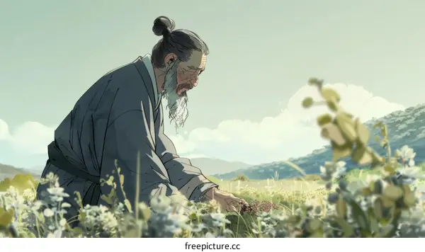 An old man picking flowers in a field