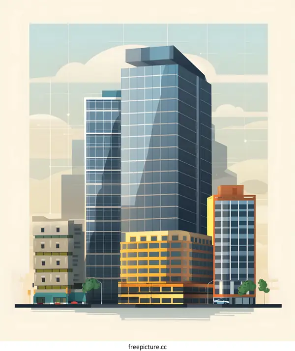Modern Cityscape Illustration with Tall Buildings and Cloudy Sky