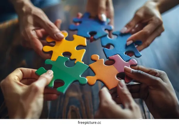 Diverse group of people holding puzzle pieces