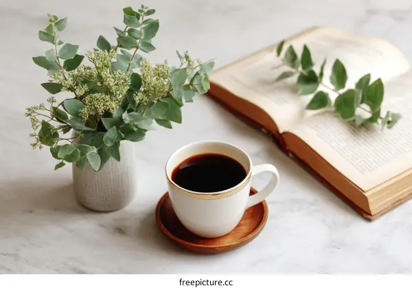 A Peaceful Morning Coffee Break with Books and Flowers