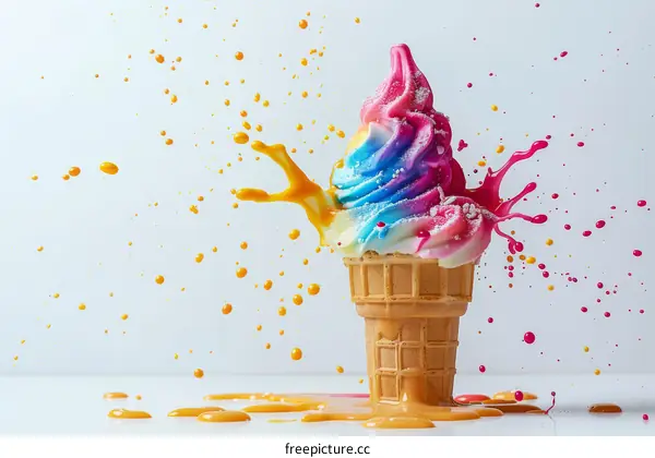 Rainbow Ice Cream Cone with Sprinkles and Splash